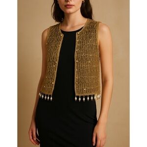 Vintage Saks Fifth Avenue Gold Mesh Pearl Rhinestone Beaded Sheer Vest Topper XS